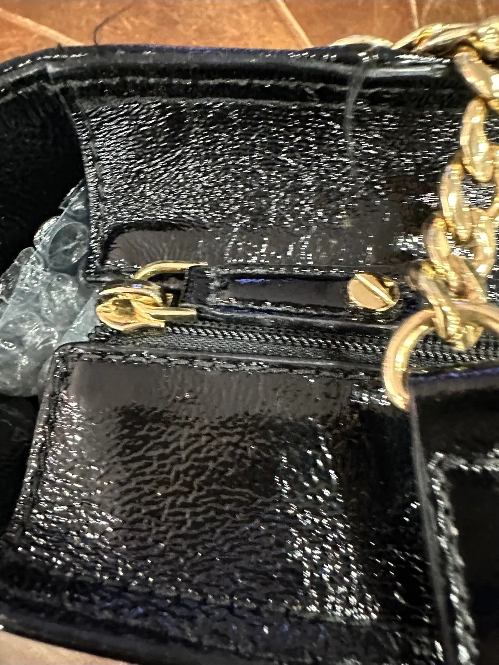 Michael Kors Black Patent Tote with Gold Chain Charm